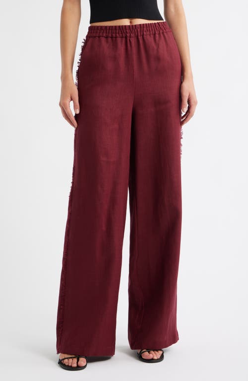 Mango Tarida Frayed Linen Wide Leg Pants In Burgundy