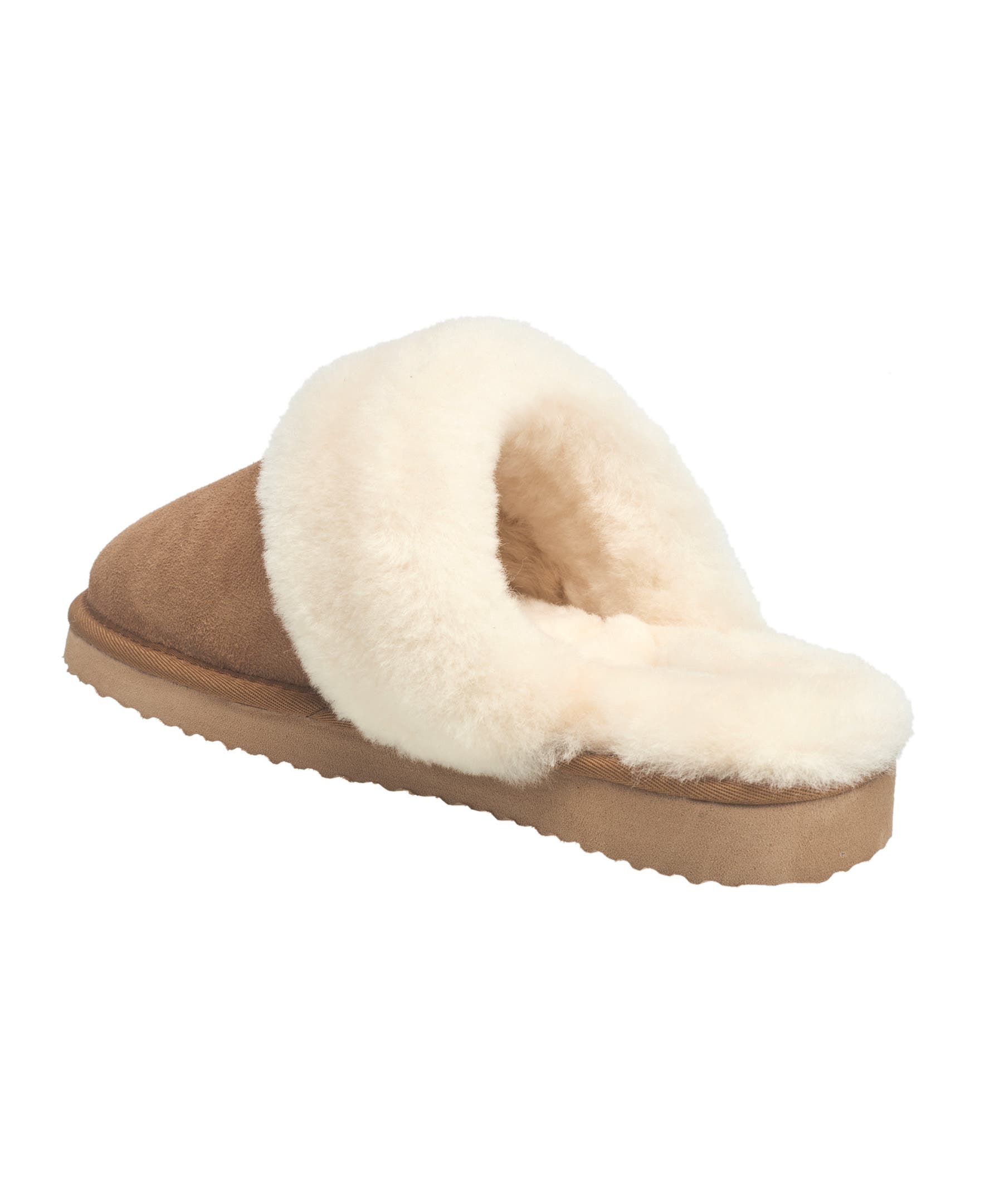 French Connection Gens Fur Band Open Slipper, Alternate, color, Chestnut