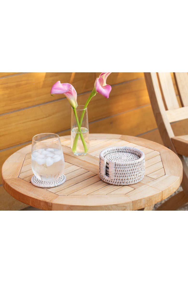 Artifacts Rattan Round Coasters with Box - 7 Piece Set, Alternate, color, White Wash