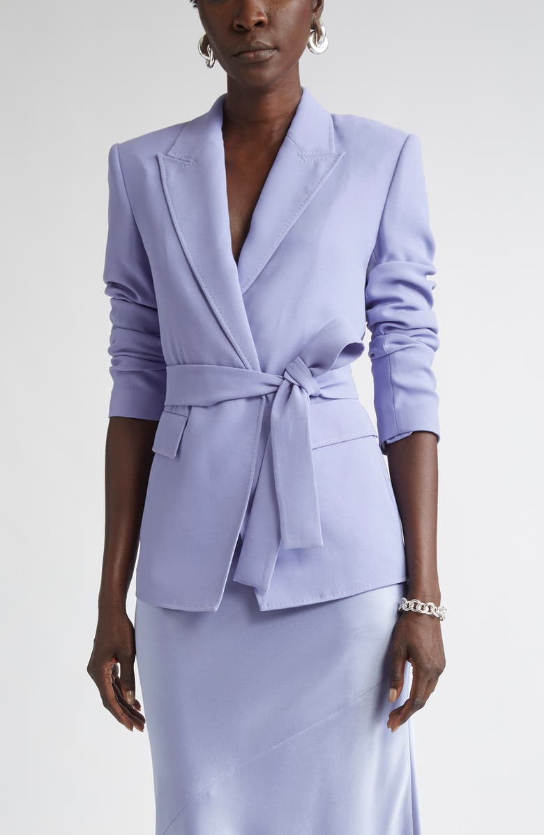 ST. JOHN Belted Satin Back Crepe Wrap Jacket, Main, color, Iris