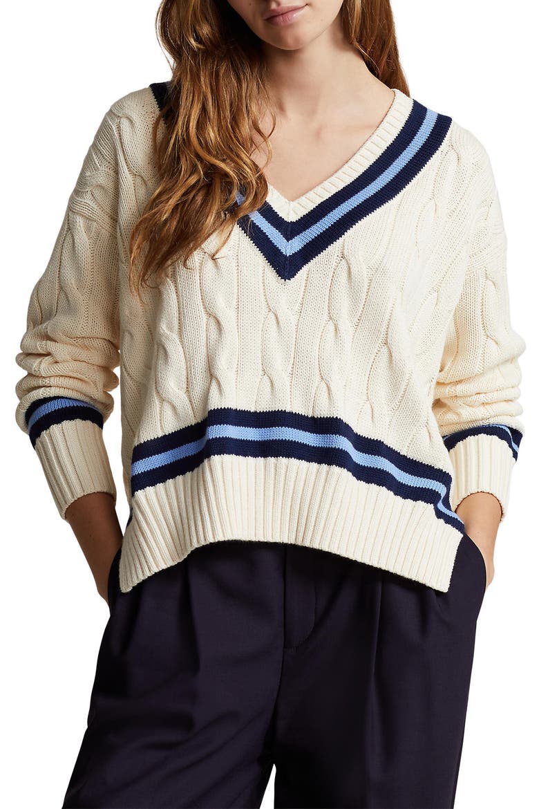 Cabled Cotton Cricket Sweater, Main, color, CRM NVY