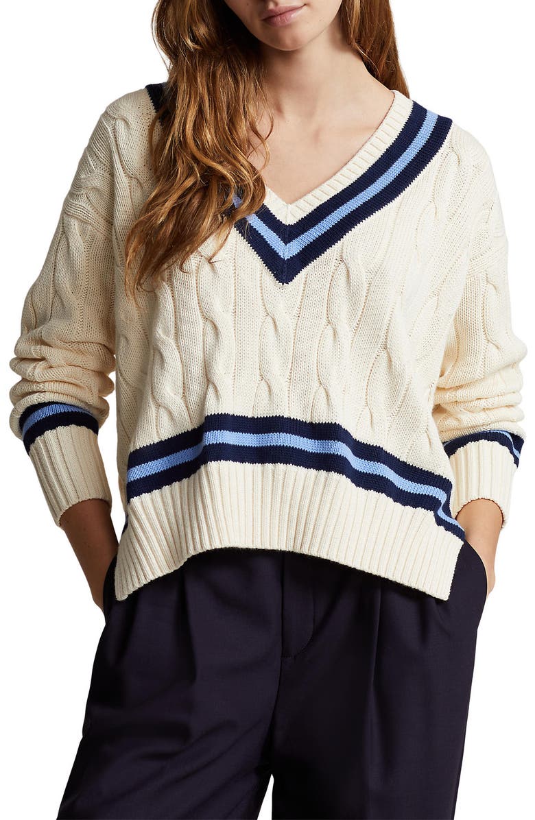 Polo Ralph Lauren Cabled Cotton Cricket Sweater, Main, color, Cream W/ Navy Stripe