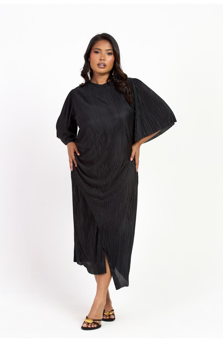 FASHION-SZN CURVE Ruched Side Flutter Sleeve Midi Dress, Main, color, Black