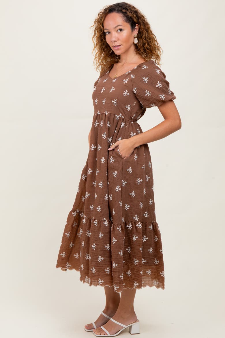 Floral Embroidered Tiered Midi Dress, Alternate, color, Brown