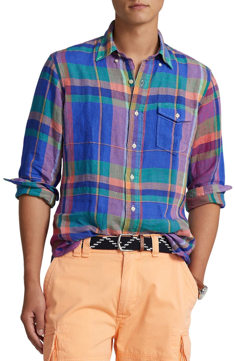 Polo Ralph Lauren Plaid Linen Button-Down Shirt, Main, color, 