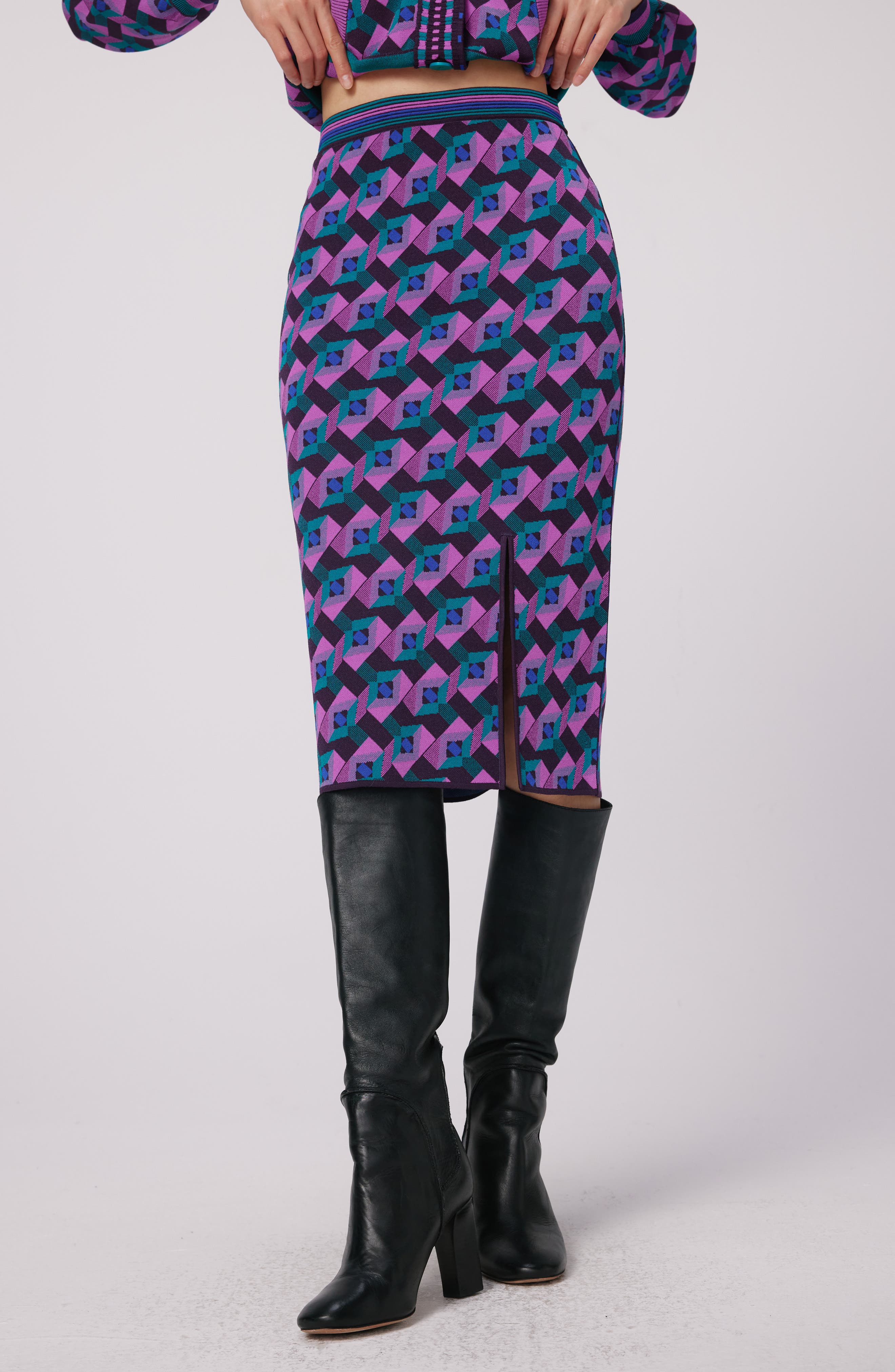 Dvf Gusta Geometric Knit Pencil Skirt In Blue