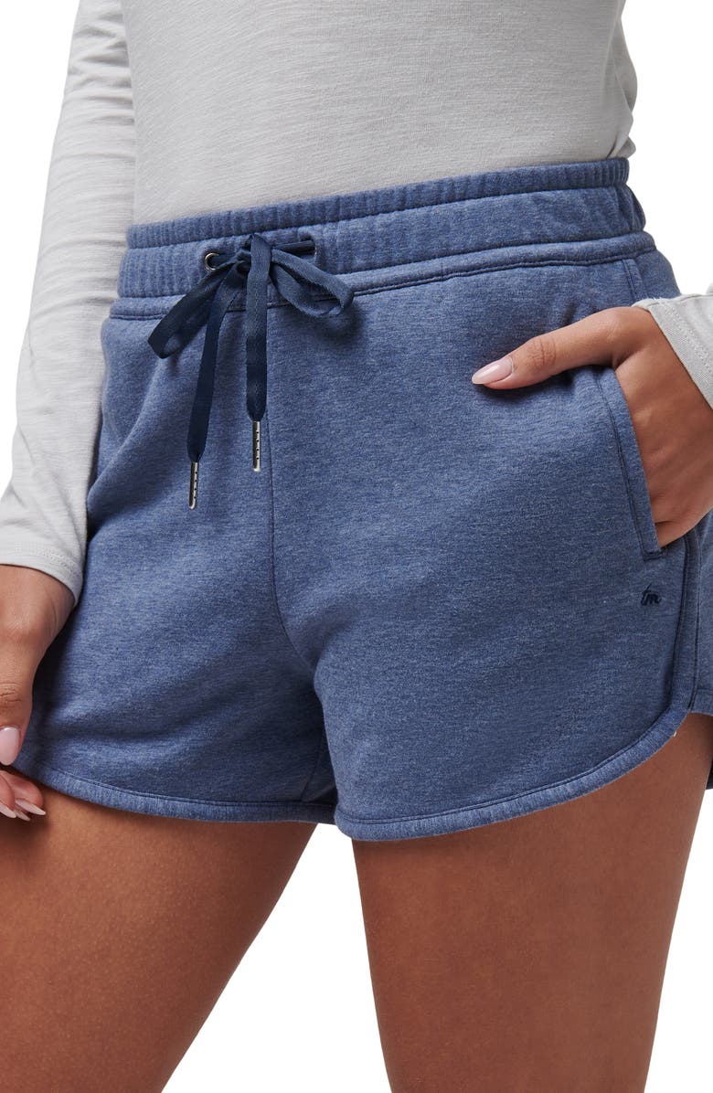 TravisMathew Cloud Drawstring Fleece Shorts, Alternate, color, Heather Navy