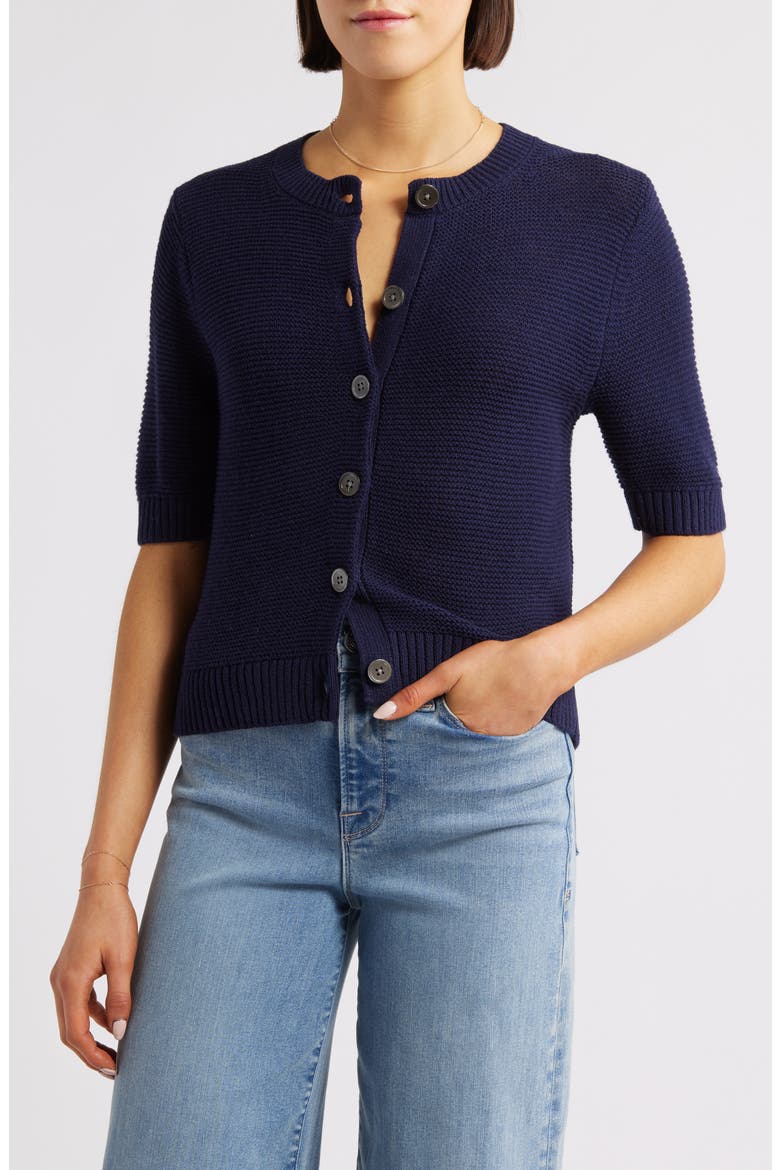 Elle Elbow Sleeve Linen & Cotton Button-Up Sweater, Main, color, NAVY NIGHT