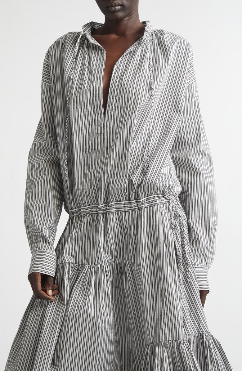 Dries Van Noten Washed Stripe Long Sleeve Cotton & Silk Dress, Alternate, color, Black