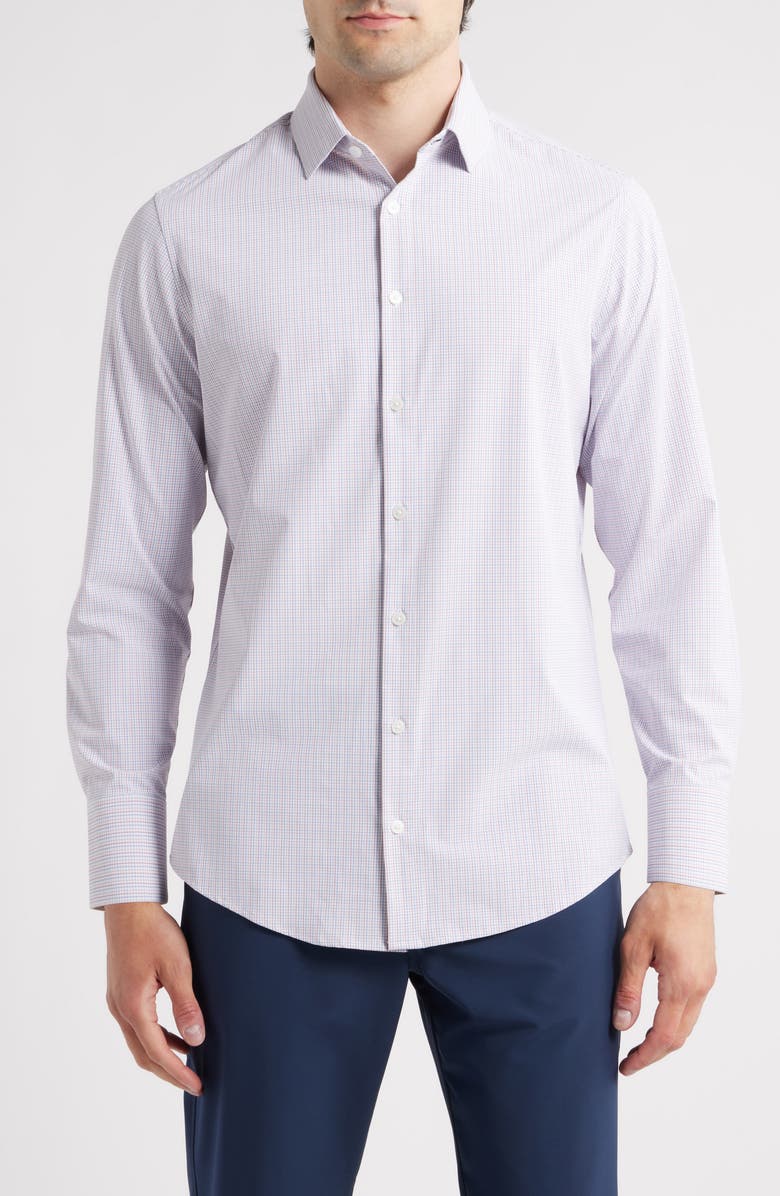 Mizzen+Main Leeward Trim Fit Microcheck No Tuck Button-Up Shirt, Alternate, color, Blue/ Red Clay Aaron Plaid