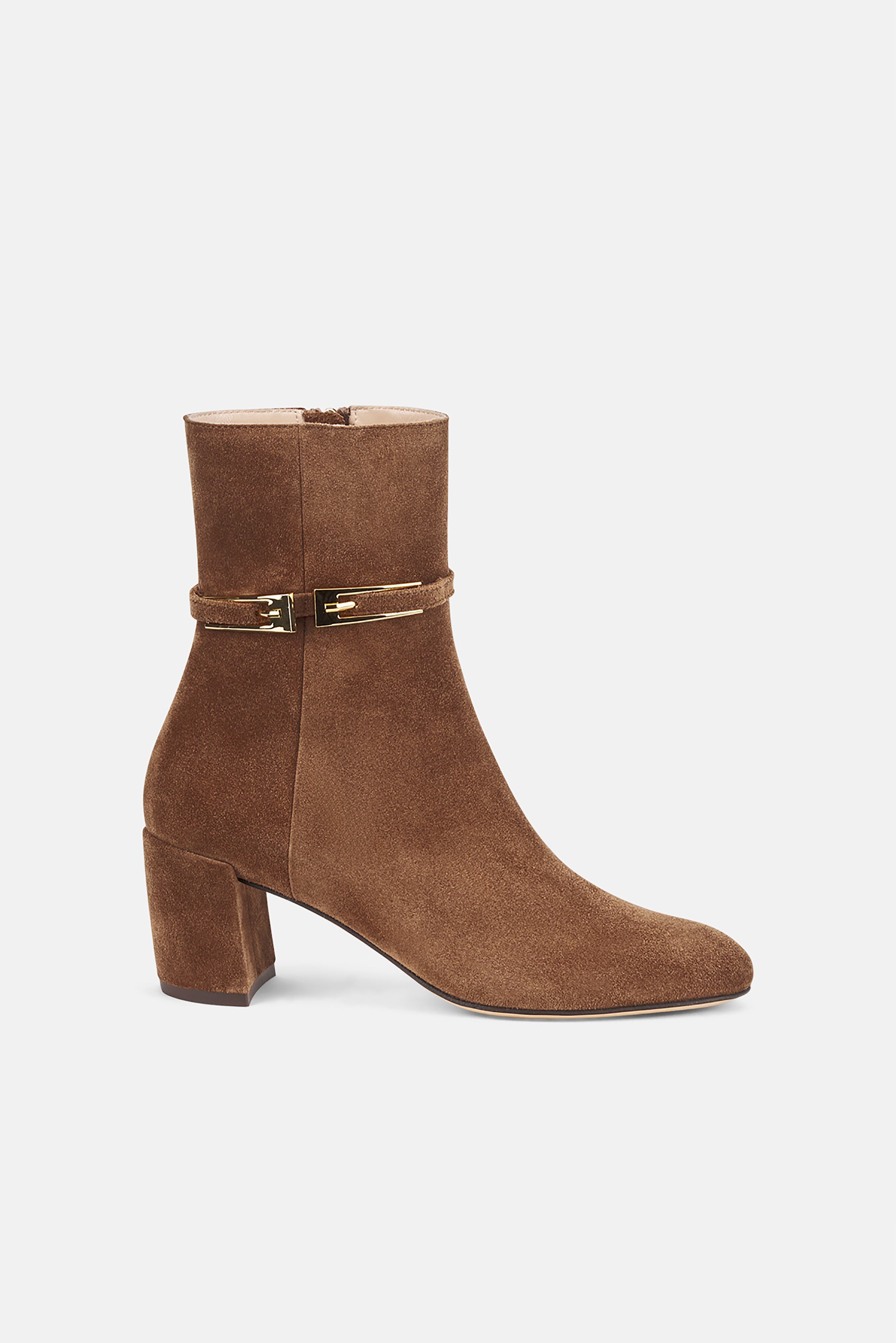 AGL Lynn Buckle Heeled Suede Bootie, Main, color, Light Brown