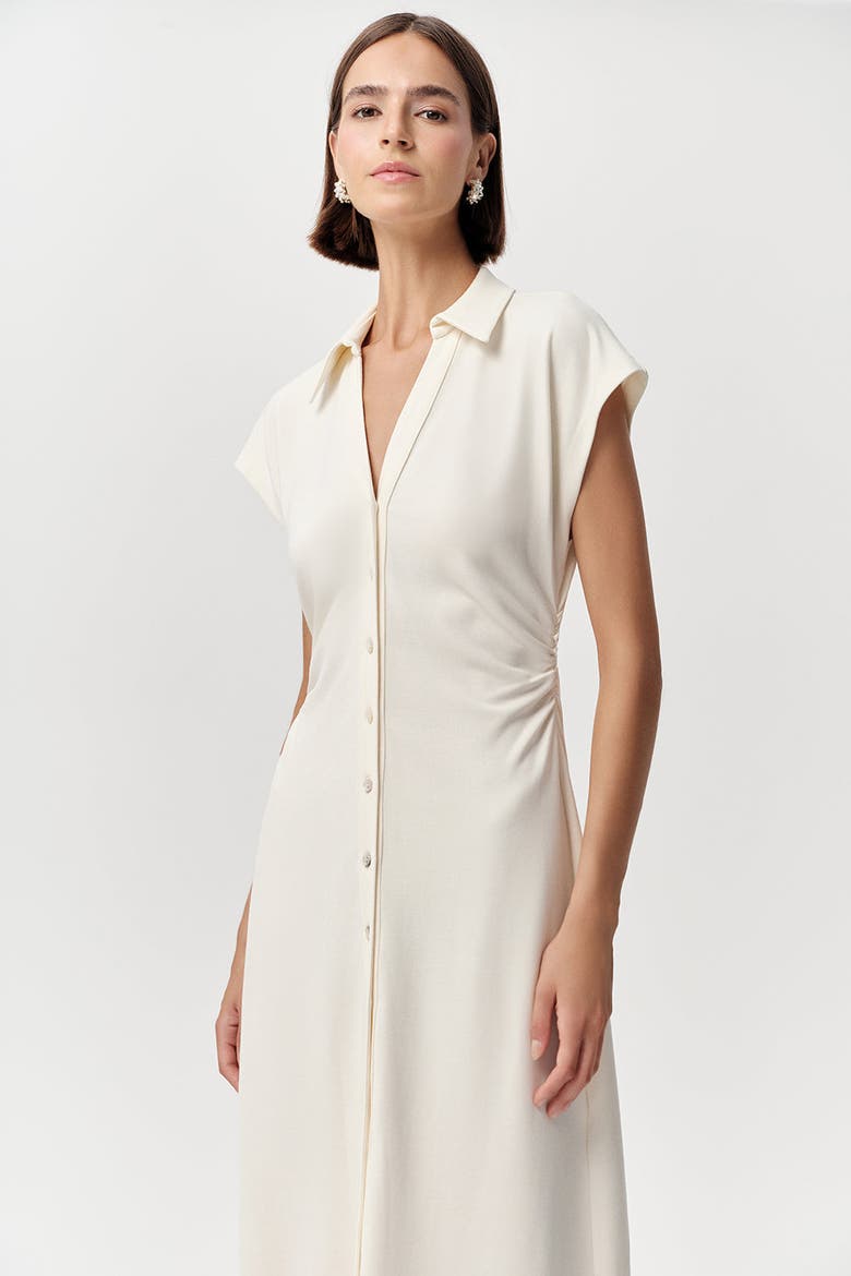 Ursula Collared Gathered Waist Knit Midi Dress, Alternate, color, Bone