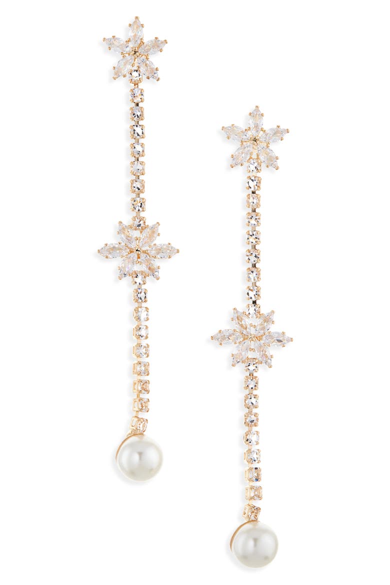 Crystal Flower & Faux Pearl Linear Drop Earrings, Main, color, GOLD/ CRYSTAL