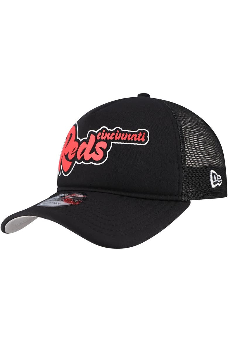 Men's New Era Black Cincinnati Reds Retro Bold A-Frame Trucker 9FORTY Adjustable Hat, Main, color, Black