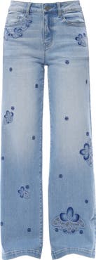 Bayeas Floral Embroidered Mid Rise Wide Leg Jeans