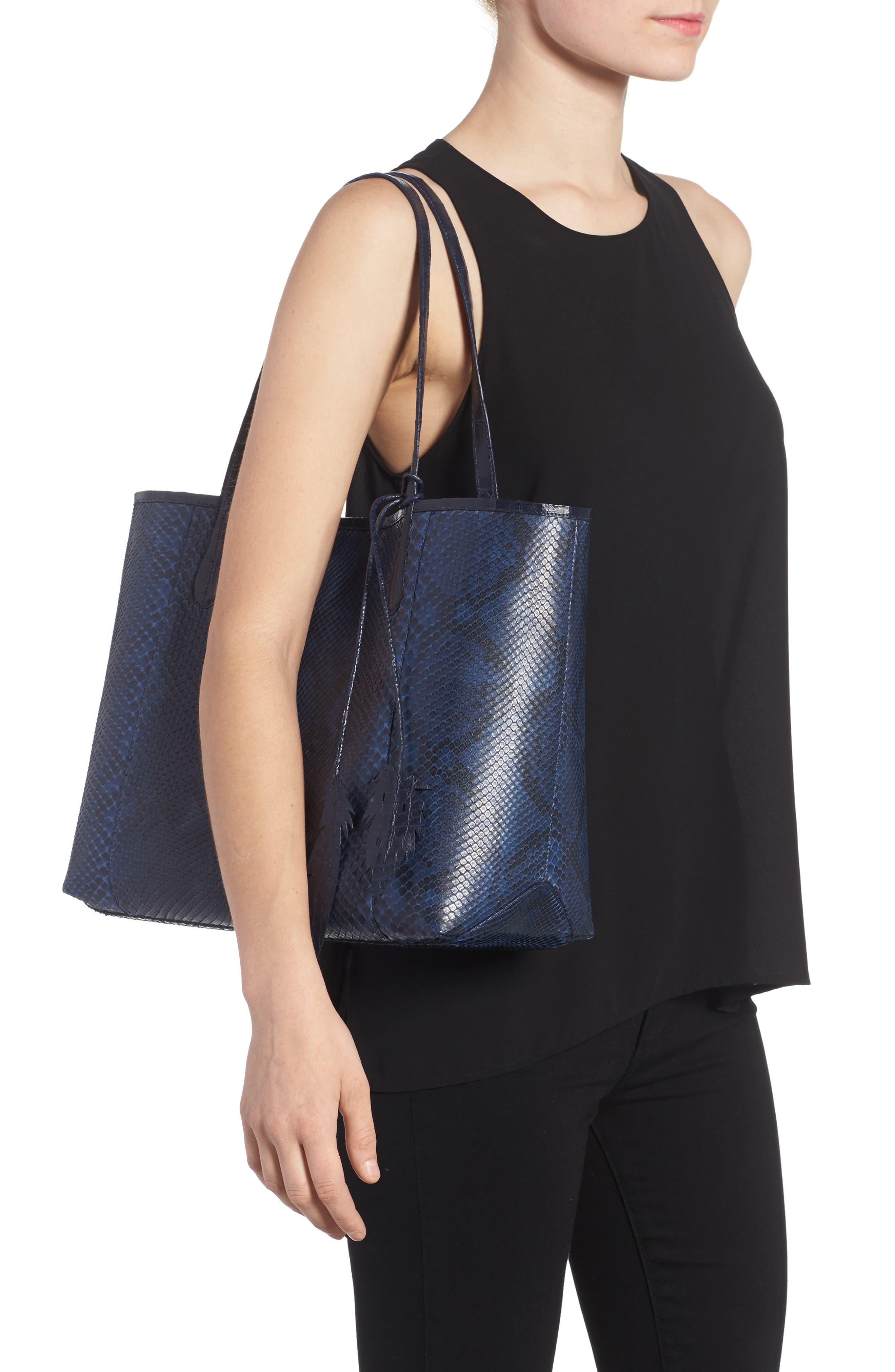 Medium Erica Genuine Python & Crocodile Tote, Alternate, color, NAVY MATTE