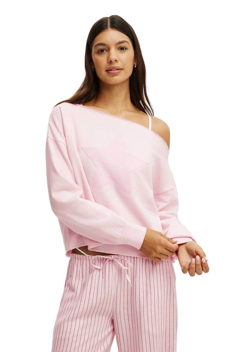 Women's Off The Shoulder Fleece Jumper, Alternate, color, Pink Kiss Star