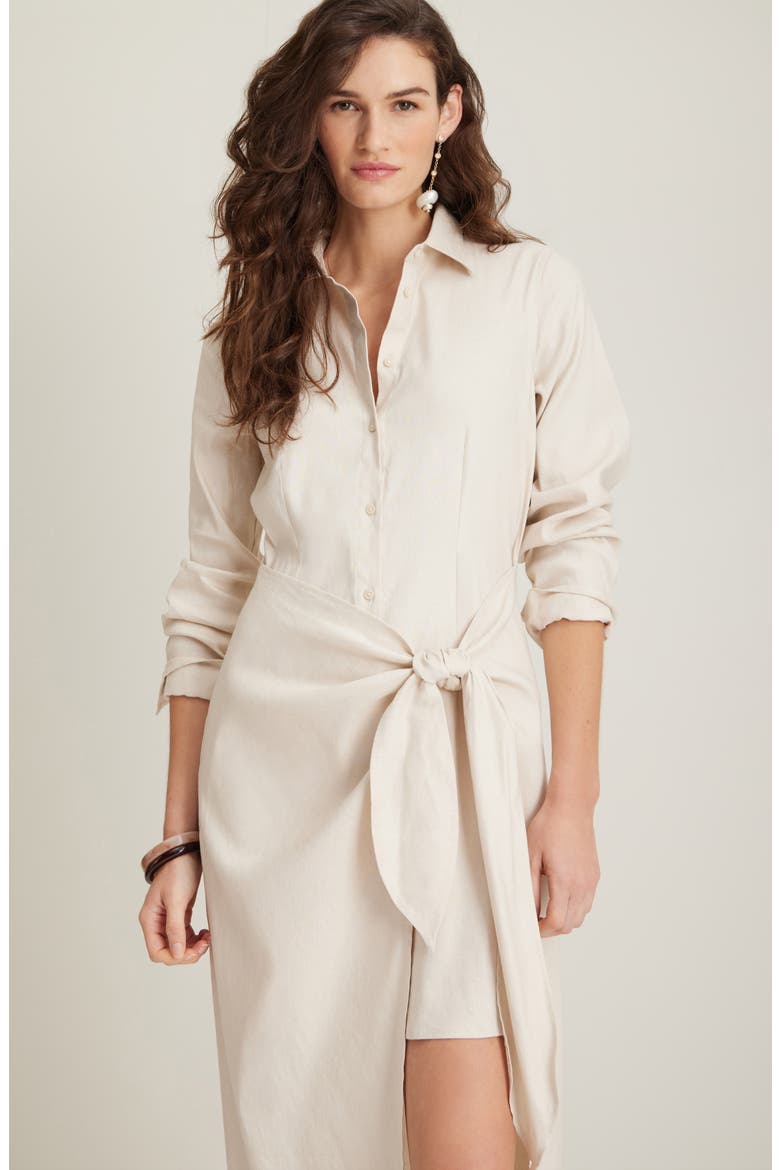 Long Sleeve Stretch Linen Blend Faux Wrap Shirtdress, Alternate, color, BEIGE OATMEAL