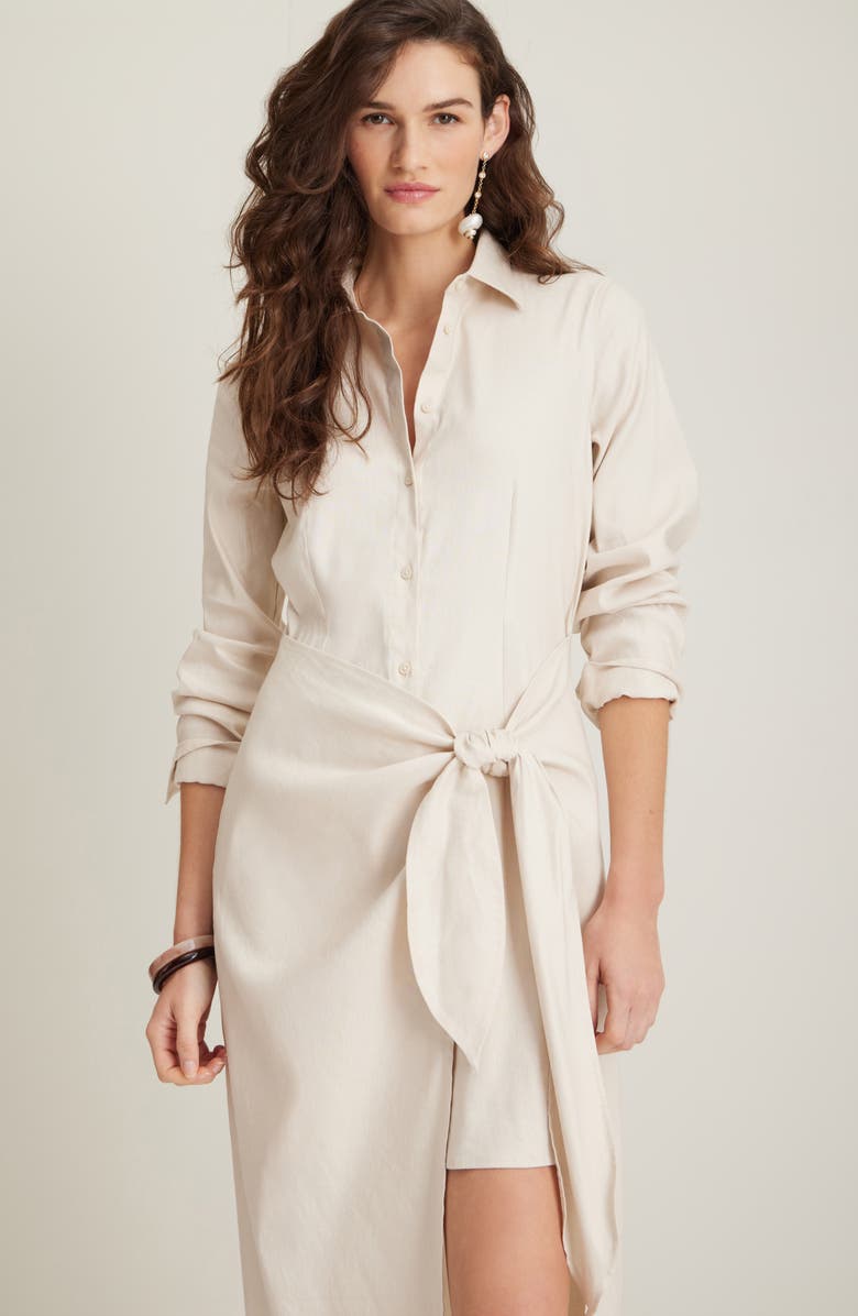 Nordstrom Long Sleeve Stretch Linen Blend Faux Wrap Shirtdress, Alternate, color, Beige Oatmeal