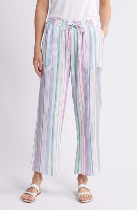 Stripe Wide Leg Cotton Gauze Drawstring Pants