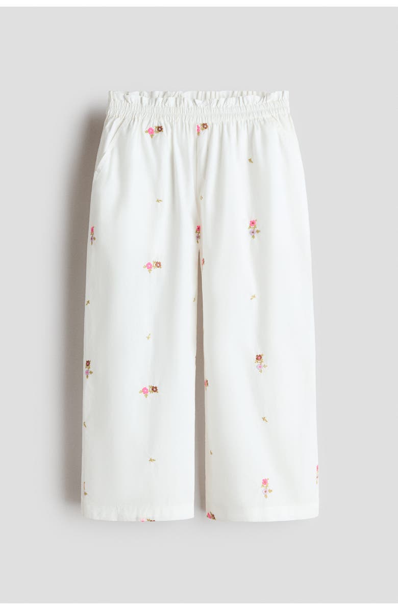 H&M Embroidery-detail Cotton Trousers, Main, color, White/Floral
