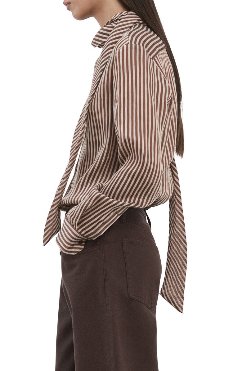 MANGO Stripe Tie Neck Top, Alternate, color, Brown