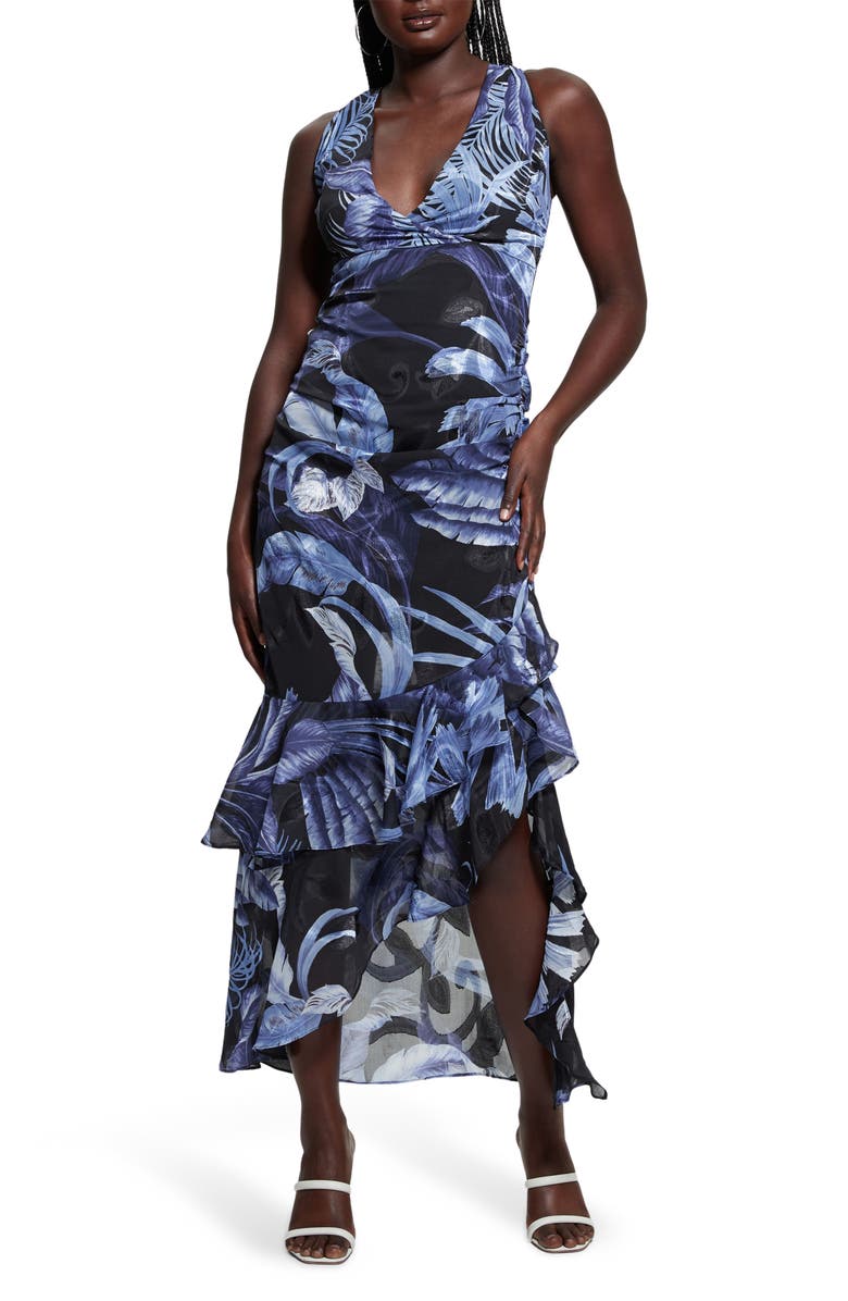 GUESS Ava Ruched Ruffle Sleeveless Maxi Dress, Main, color, Tropic Eclipse Print