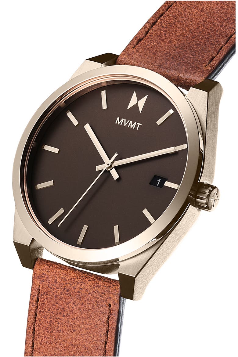 MVMT Element Leather Strap Watch, 43mm, Alternate, color, BROWN/ COFFEE/ BEIGE GOLD