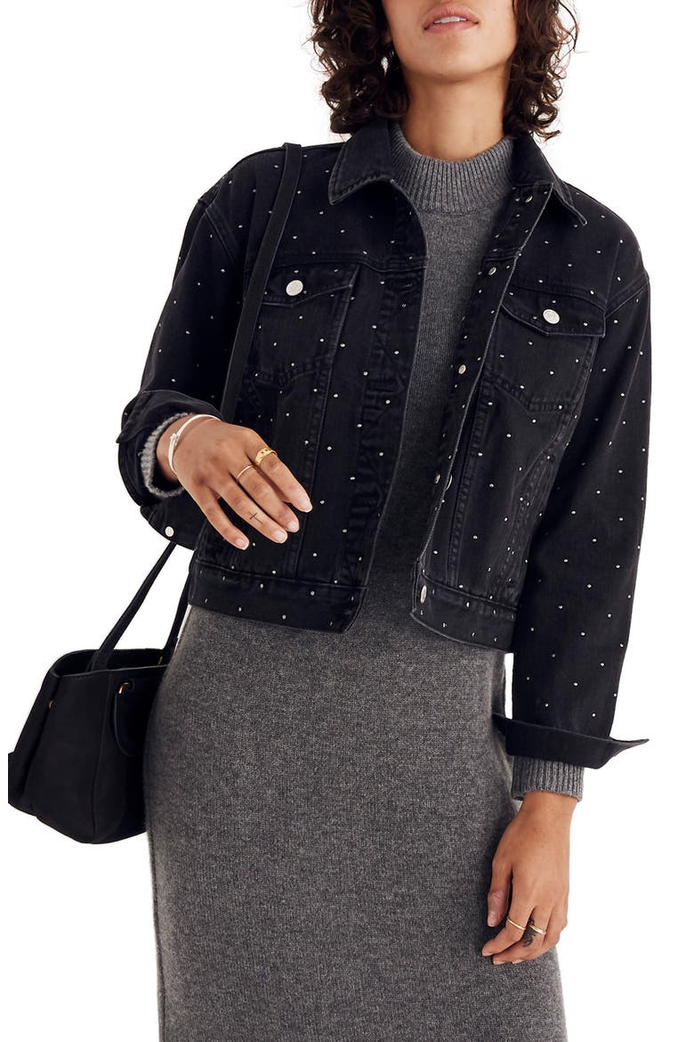 The Boxy Metallic Dot Crop Jean Jacket, Main, color, LUNAR WASH