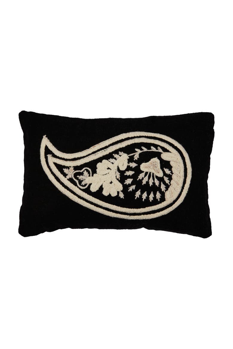 Woven Cotton Slub Lumbar Pillow with Embroidered Paisley, Main, color, Black