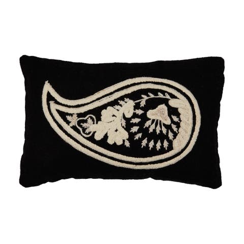 Woven Cotton Slub Lumbar Pillow with Embroidered Paisley