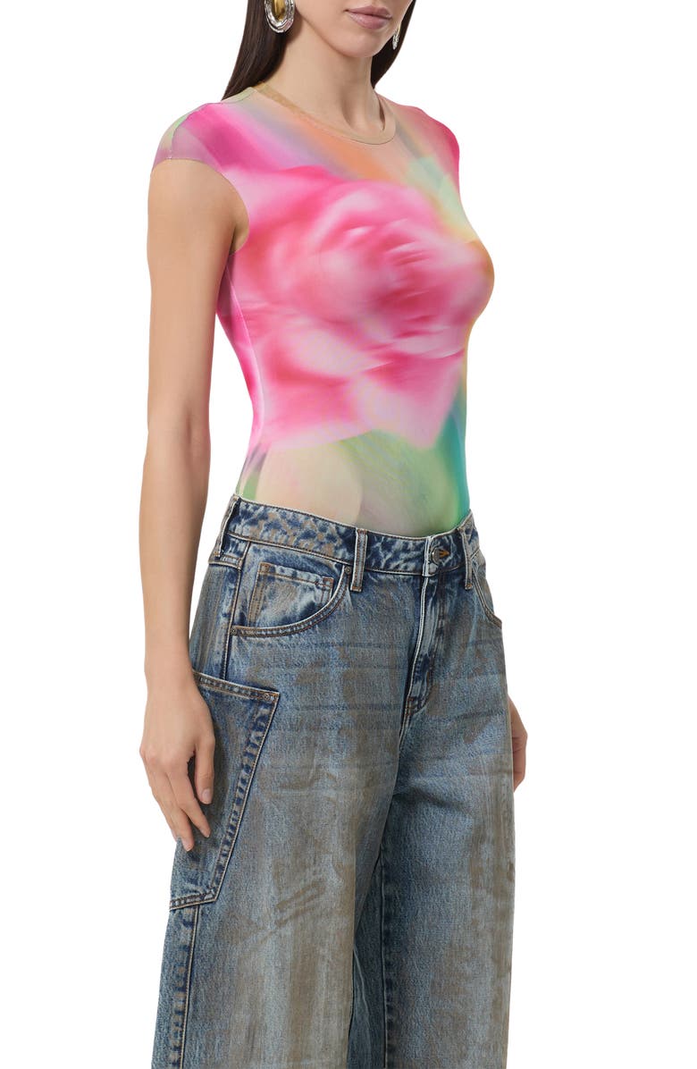 AFRM Nina Print Cap Sleeve Mesh Top, Alternate, color, Green Rose