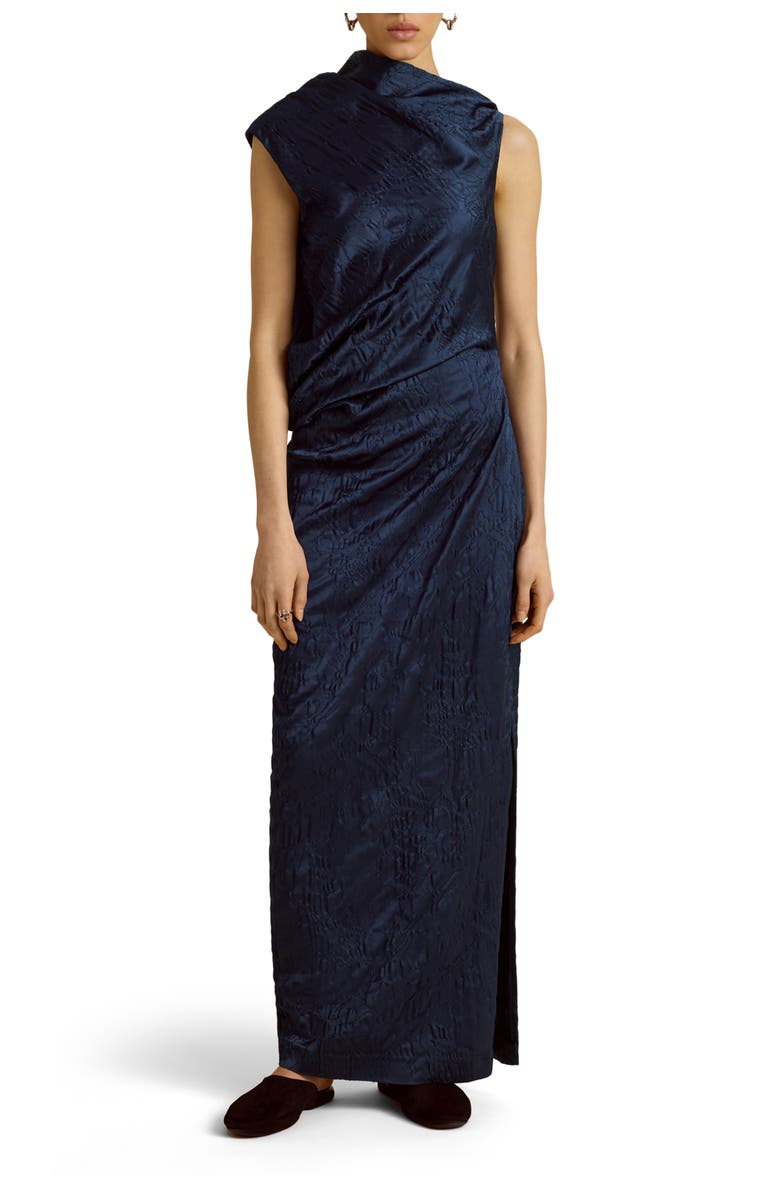 Marina Moscone Column Dress w/ Asymmetric Drape, Alternate, color, Navy