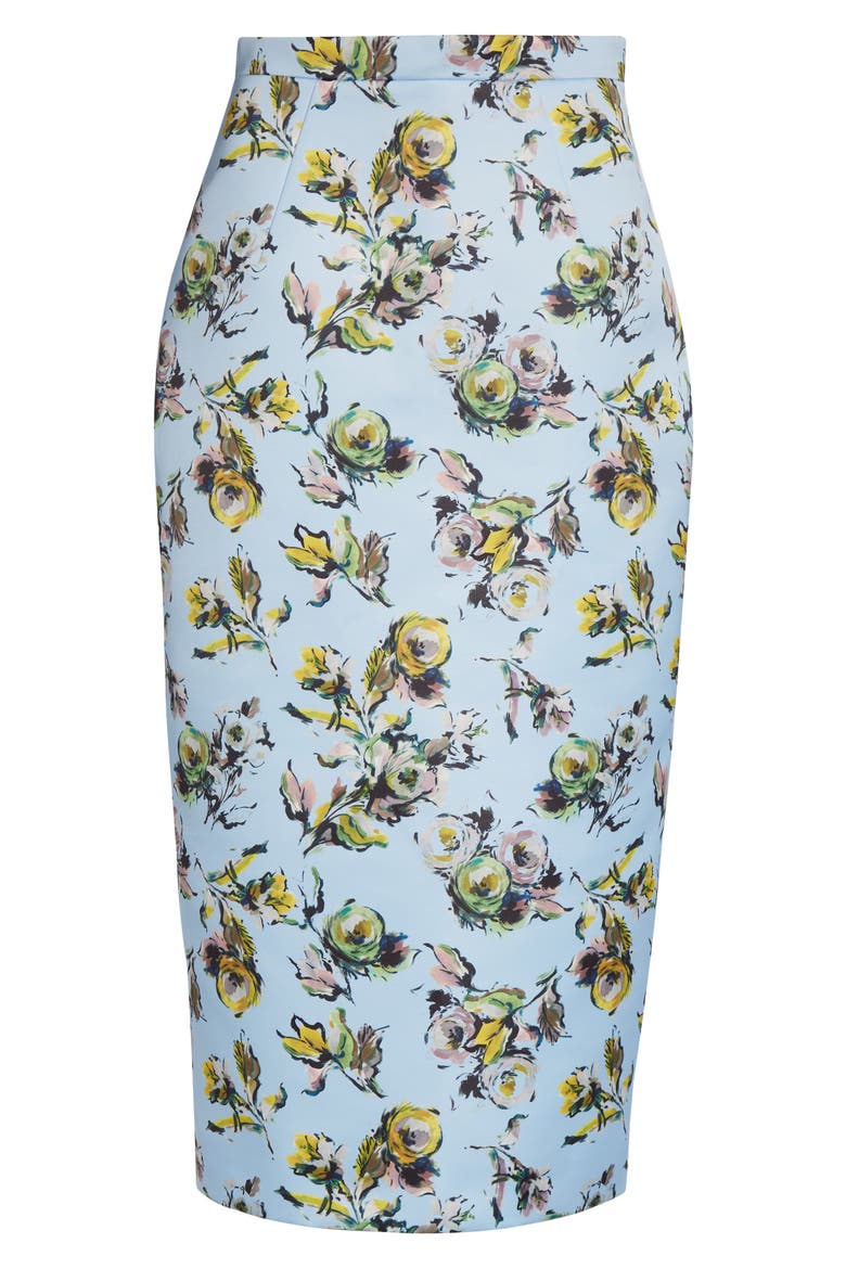 Lorelei Floral Satin Midi Pencil Skirt, Alternate, color, FLORAL GREEN/YELLOW ON BLUE