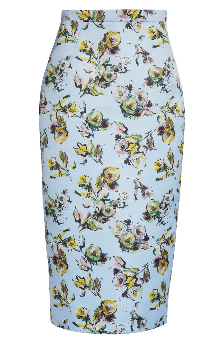 Emilia Wickstead Lorelei Floral Satin Midi Pencil Skirt, Alternate, color, Floral Green/Yellow On Blue