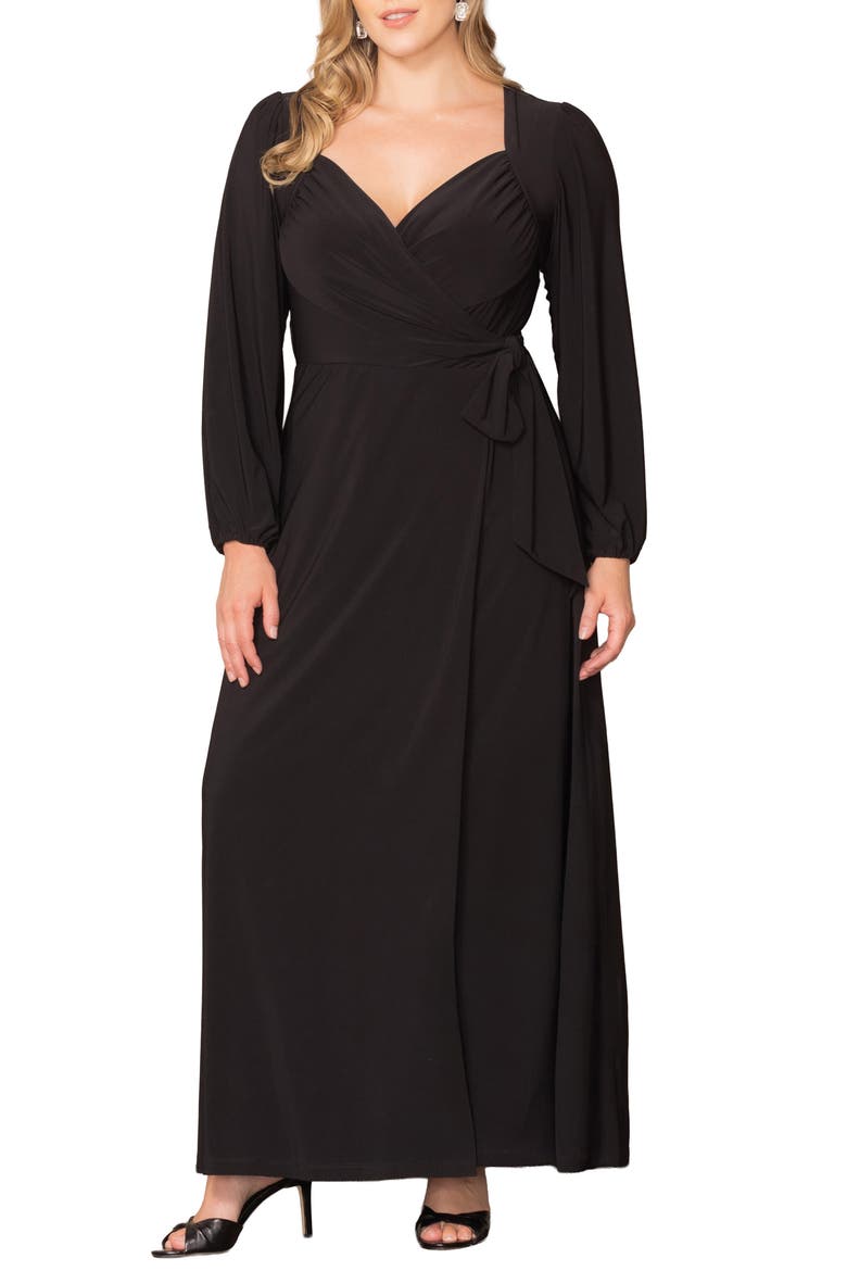 Modern Muse Long Sleeve Wrap Gown, Main, color, BLACK NOIR