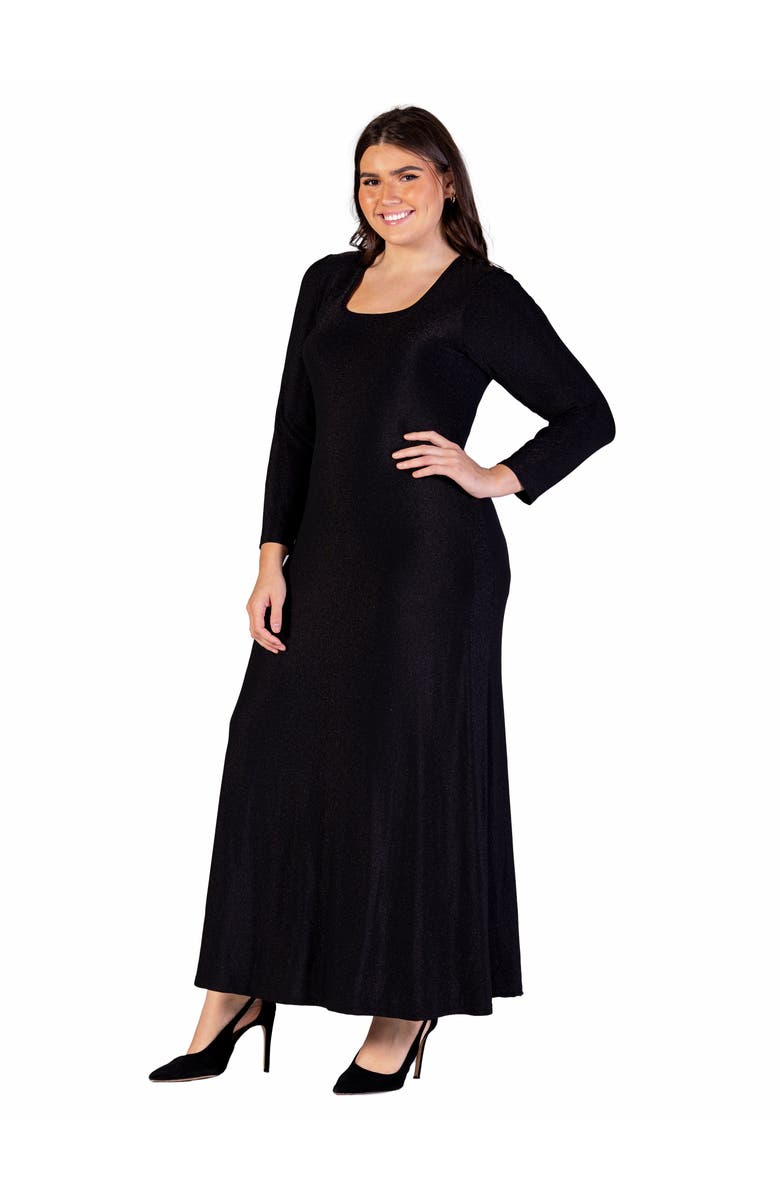 24seven Comfort Apparel Long Sleeve Scoop Neck Shimmery Fabric Maxi Dress, Alternate, color, Black