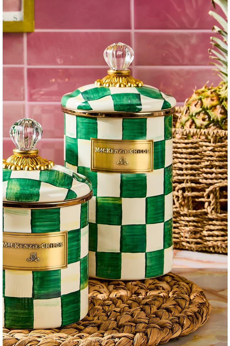 Emerald Check Large Enameled Steel Canister, Alternate, color, EMERALD