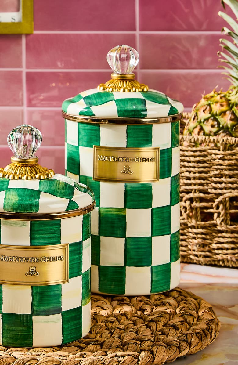 MACKENZIE CHILDS Emerald Check Large Enameled Steel Canister, Alternate, color, Emerald