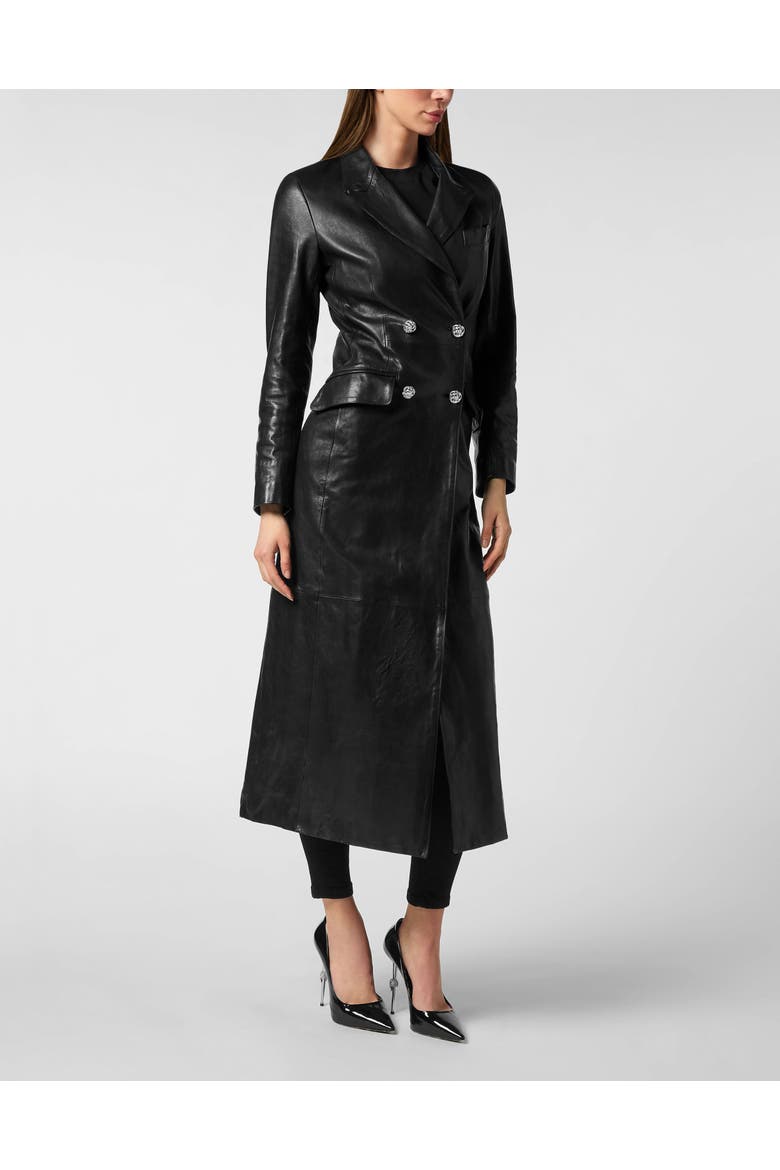 Double-Breasted Leather Long Coat Embossed Signature Women, Main, color, black