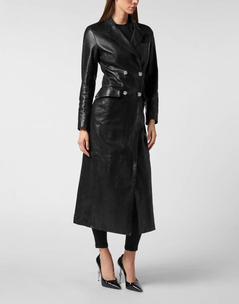 Double-Breasted Leather Long Coat Embossed Signature Women