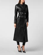 PHILIPP PLEIN Double-Breasted Leather Long Coat Embossed Signature Women