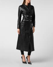 PHILIPP PLEIN Double-Breasted Leather Long Coat Embossed Signature Women