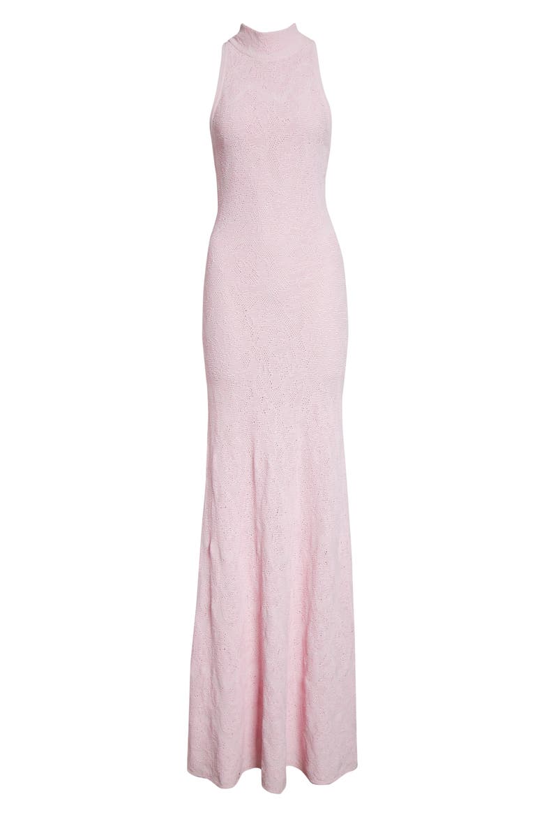 Floral Jacquard Turtleneck Trumpet Gown, Alternate, color, PEONY / LIGHT PINK MULTI