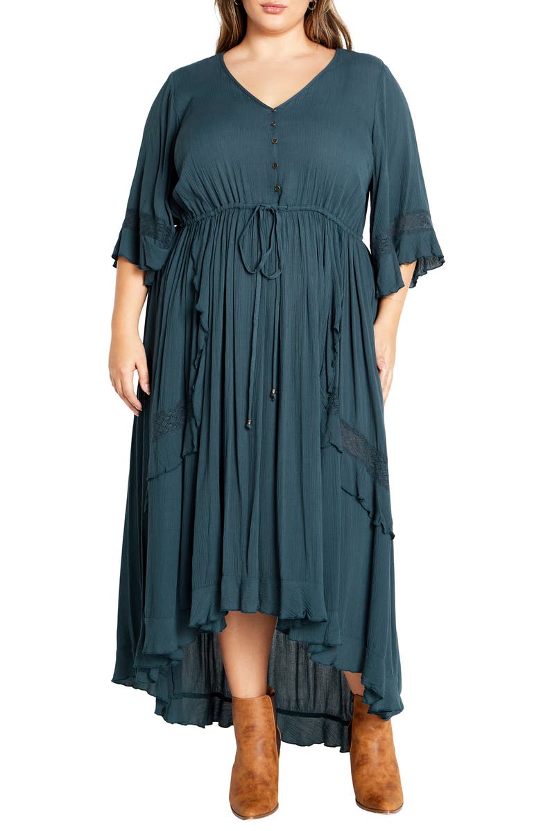 City Chic Rosie Lace Trim High-Low Maxi Dress, Main, color, Teal