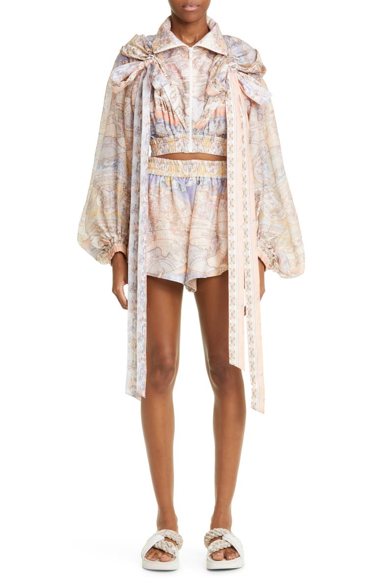 Zimmermann Odyssey Print Hooded Crop Linen & Silk Zip Jacket, Alternate, color, 