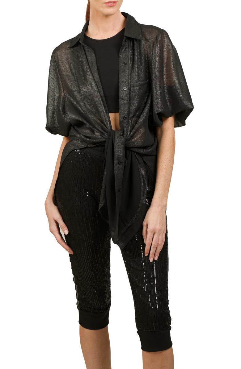NIKKI LUND Oversize Metallic Button-Up Tunic Shirt, Alternate, color, Black