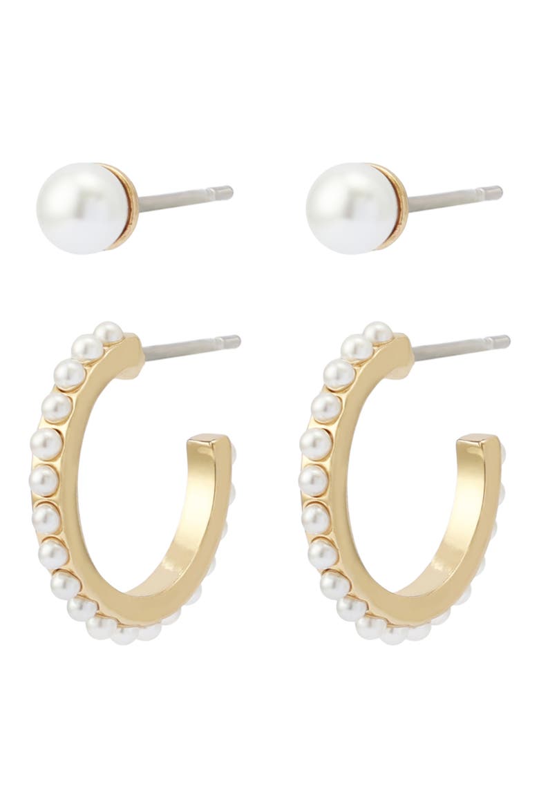 Set of 2 Faux Pearl Stud & Huggie Hoop Set, Main, color, GOLD/ PEARL