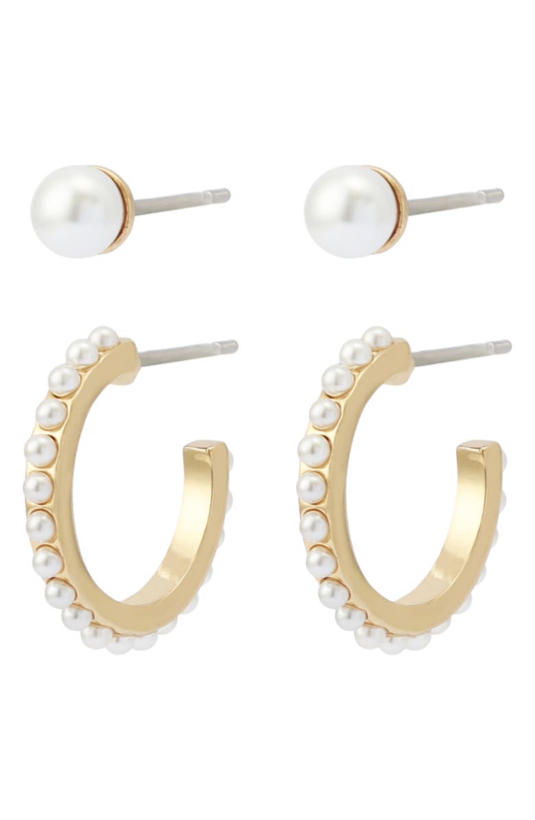 AllSaints Set of 2 Faux Pearl Stud & Huggie Hoop Set, Main, color, Gold/ Pearl