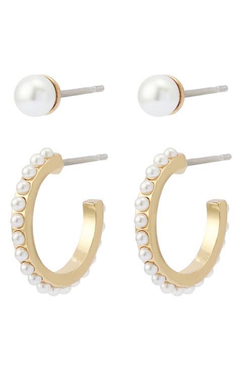 Set of 2 Faux Pearl Stud & Huggie Hoop Set